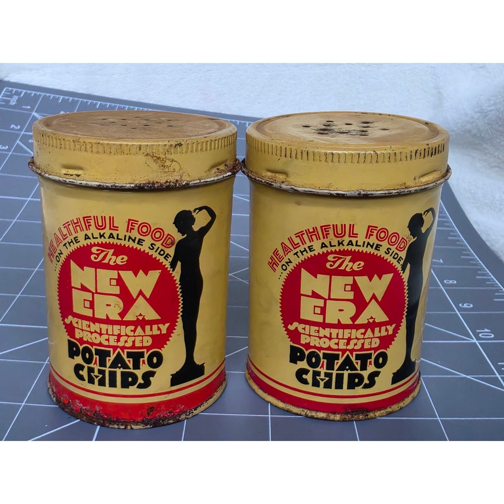 Vintage New Era Potato Chips Tin Salt Pepper Shakers Durkee Advertising Set